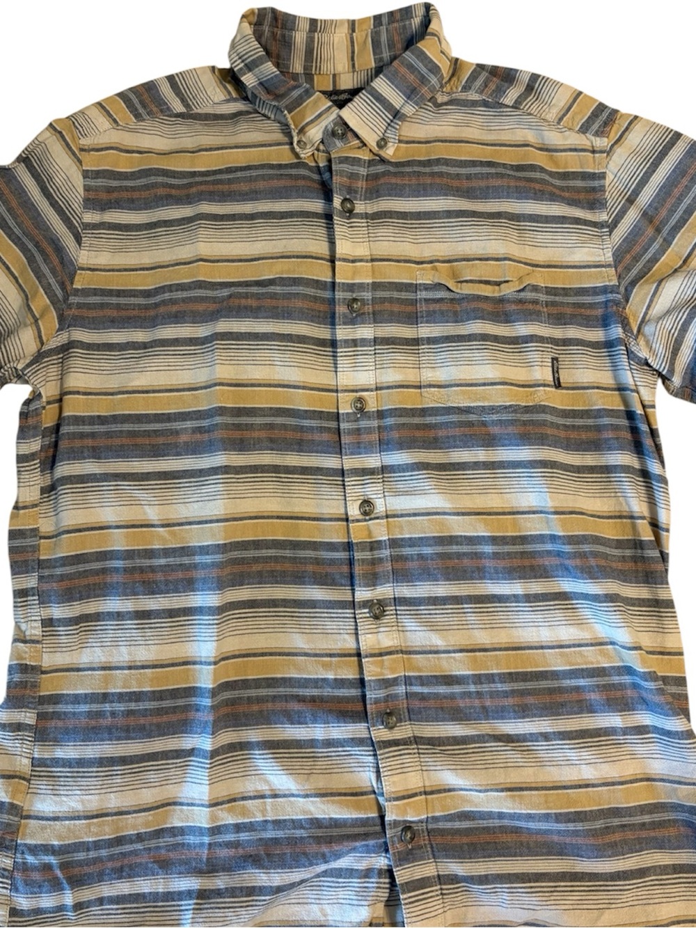 Eddie Bauer Short-Sleeve Striped Button-Down in Blue and Tan